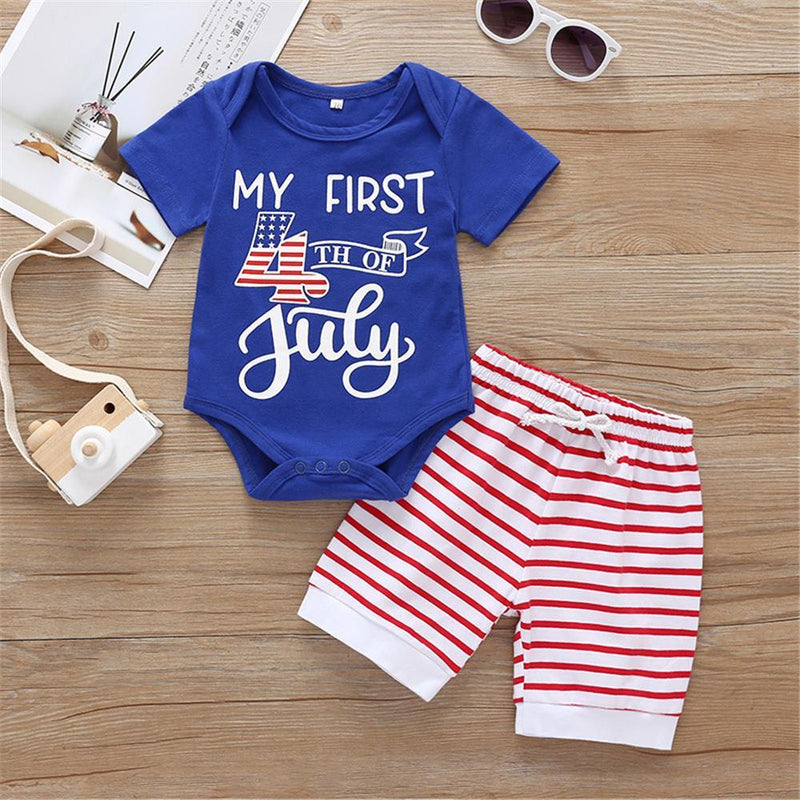Baby Unisex Letter Printed Short Sleeve Romper & Striped Shorts Baby Wholesale vendors - PrettyKid