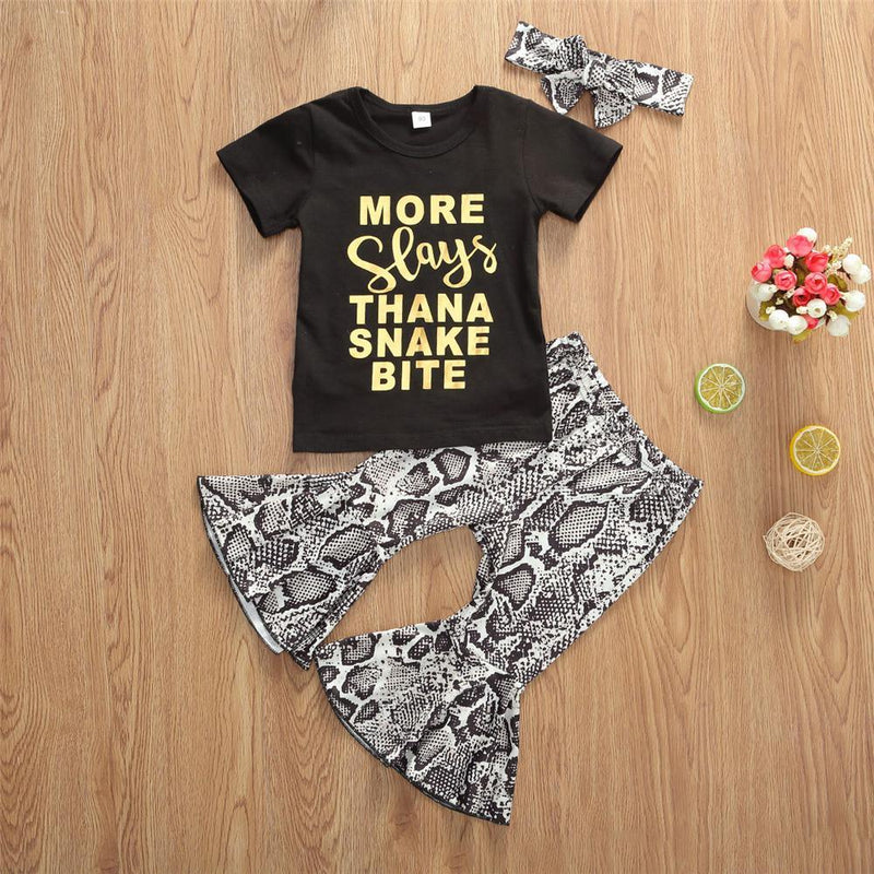 Girls Letter Printed Short Sleeve Tees & Snakeskin Flare Pants & Headband Wholesale Girls - PrettyKid