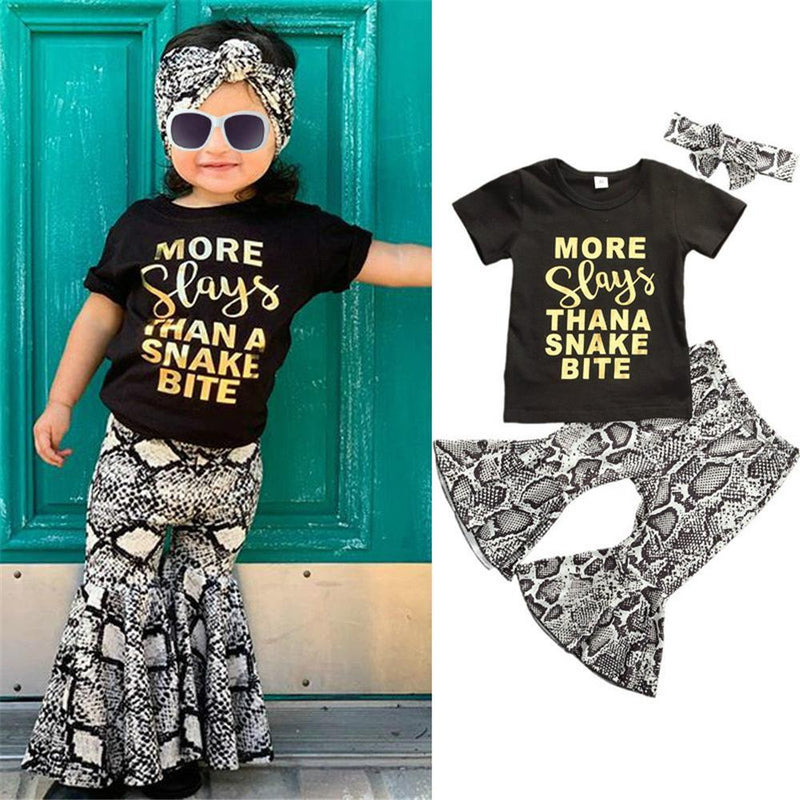 Girls Letter Printed Short Sleeve Tees & Snakeskin Flare Pants & Headband Wholesale Girls - PrettyKid