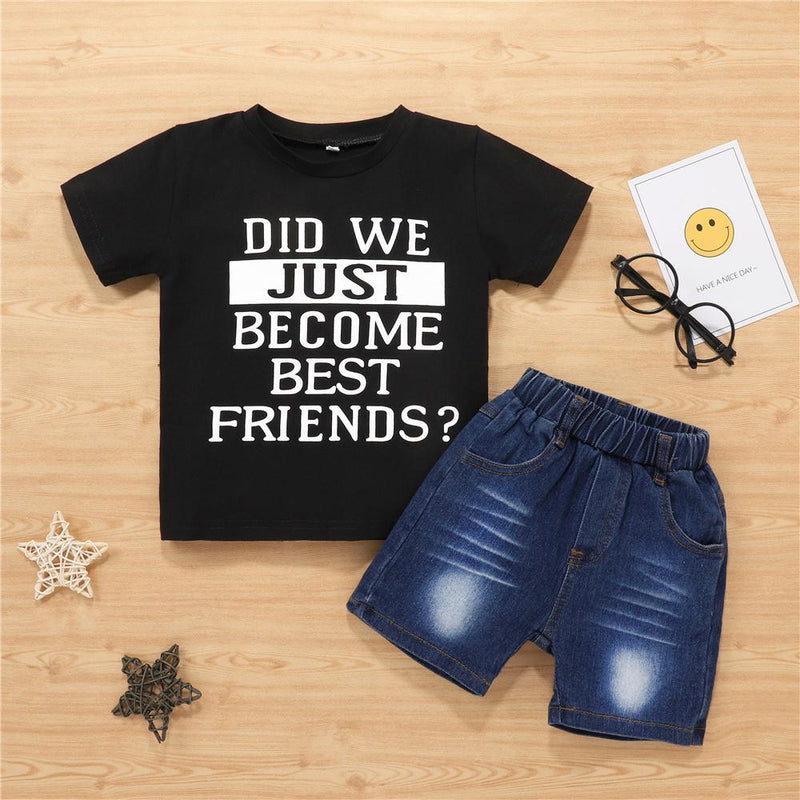 Boys Letter Printed Short Sleeve Top & Denim Shorts Wholesale Boy clothing - PrettyKid