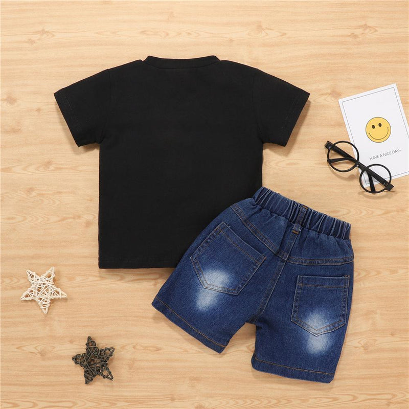 Boys Letter Printed Short Sleeve Top & Denim Shorts Wholesale Boy clothing - PrettyKid