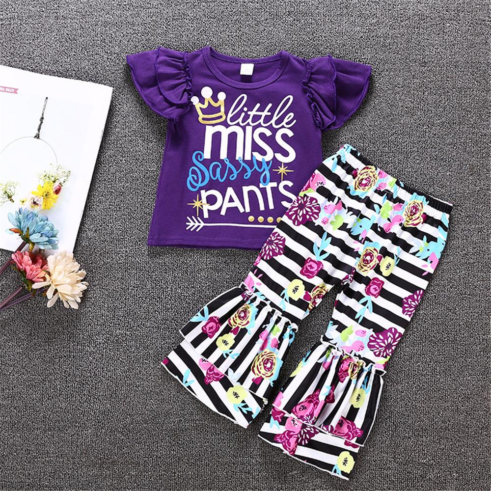 Girls Letter Printed Short Sleeve Top & Stripe Bell Trousers Girl Wholesale - PrettyKid