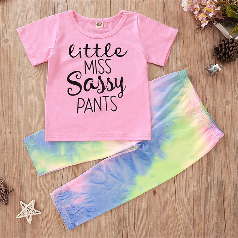 Girls Letter Printed Short Sleeve Top & Tie Dye Pants Girls clothes Wholesale - PrettyKid