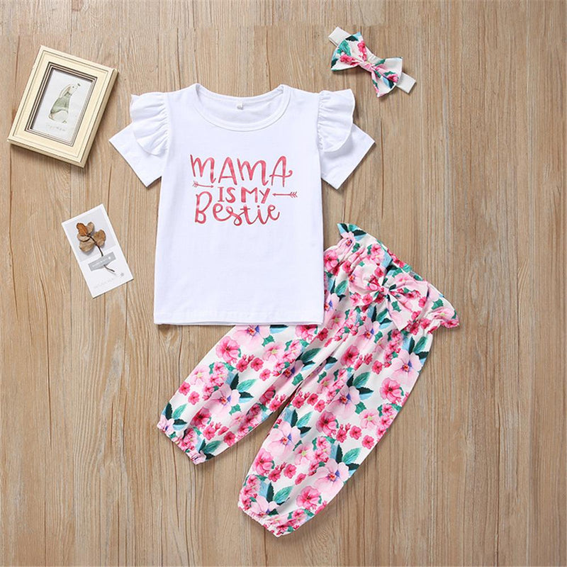 Baby Letter Printed Shorts Sleeve Top & Floral Printed Pants & Headband Baby clothes Cheap Wholesale - PrettyKid