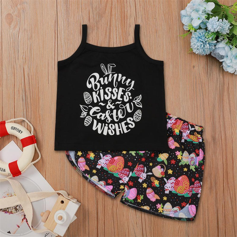 Girls Letter Printed Sleeveless Top & Cartoon Printed Shorts Kids clothes vendors - PrettyKid
