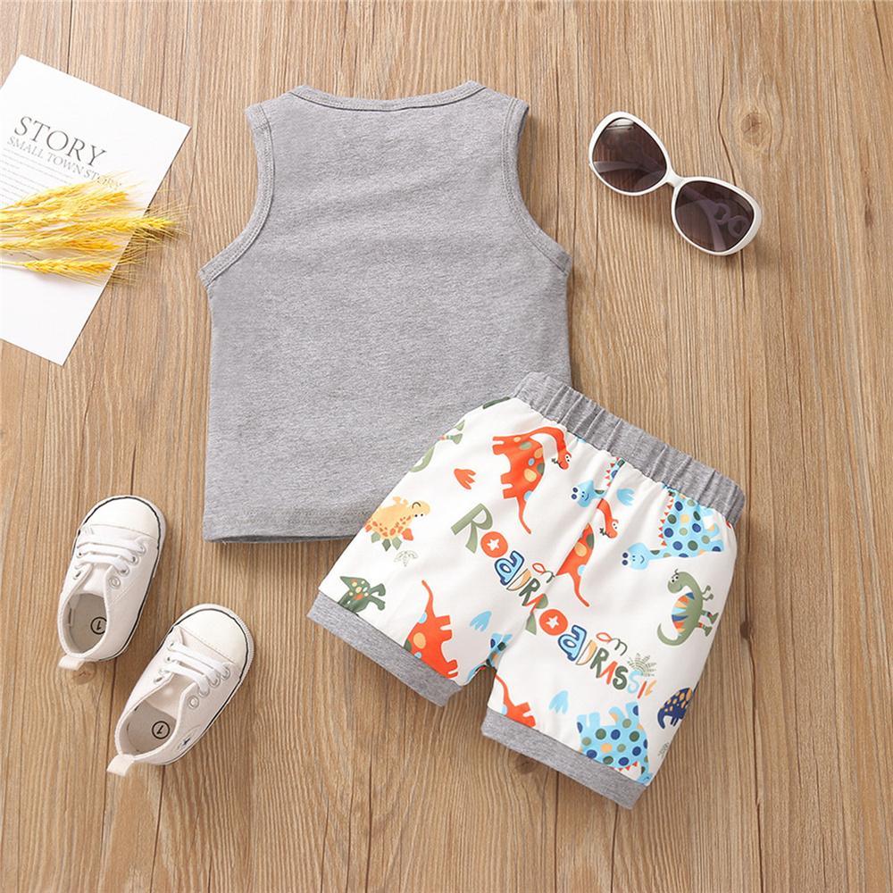 Boys Letter Printed Sleeveless Top & Dinosaur Printed Shorts Boy Wholesale clothes - PrettyKid