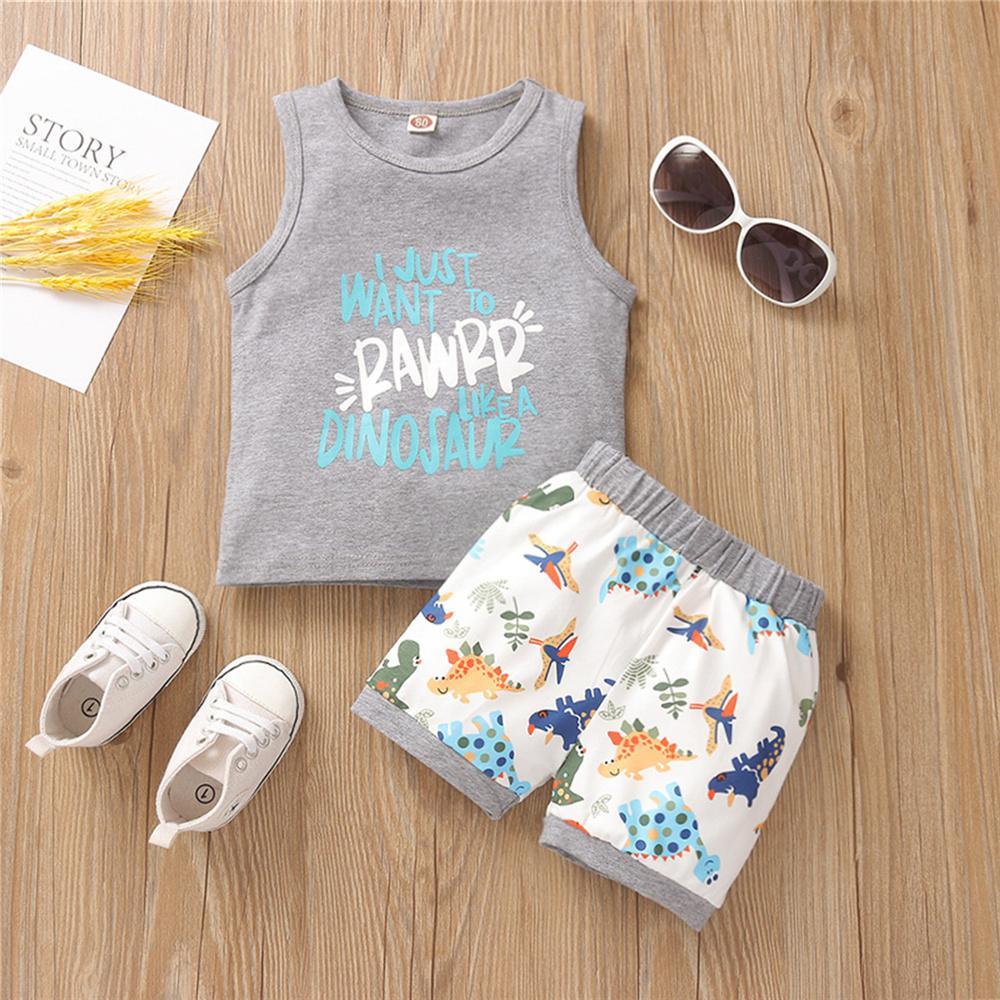 Boys Letter Printed Sleeveless Top & Dinosaur Printed Shorts Boy Wholesale clothes - PrettyKid