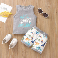 Boys Letter Printed Sleeveless Top & Dinosaur Printed Shorts Boy Wholesale clothes - PrettyKid