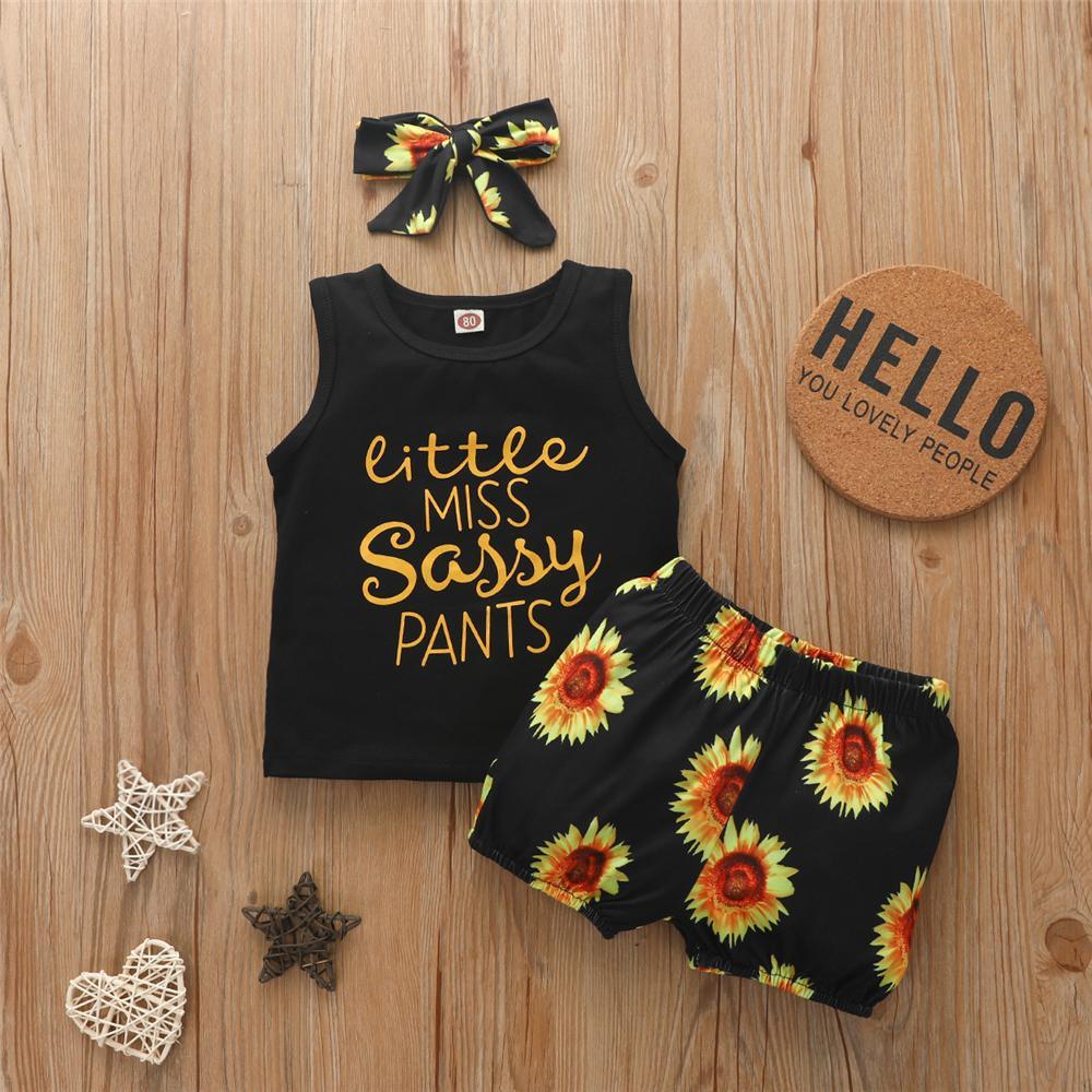 Girls Letter Printed Sleeveless Top & Sunflower Shorts & Headband Cheap Baby clothing - PrettyKid