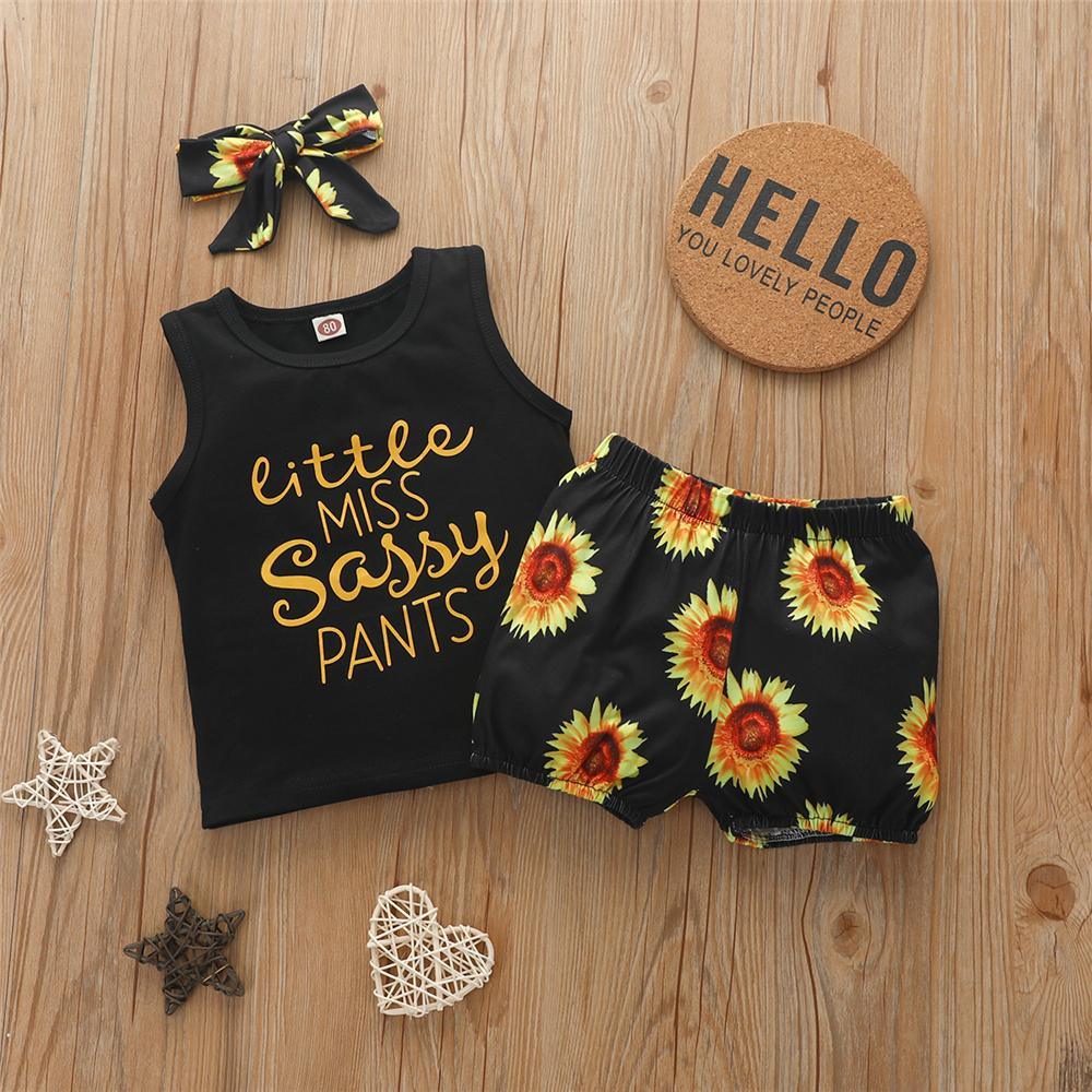 Girls Letter Printed Sleeveless Top & Sunflower Shorts & Headband Cheap Baby clothing - PrettyKid