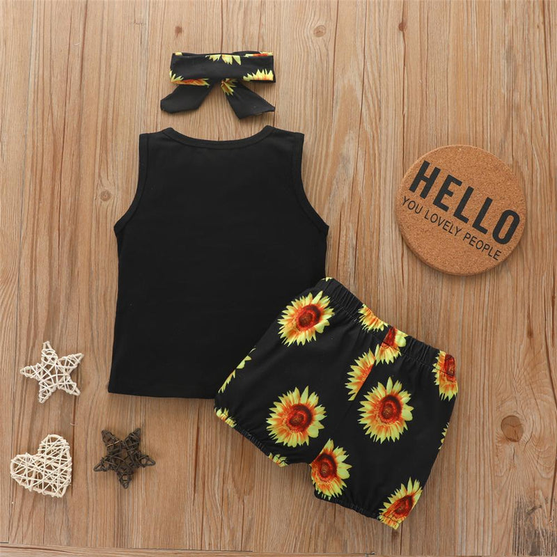 Girls Letter Printed Sleeveless Top & Sunflower Shorts & Headband Cheap Baby clothing - PrettyKid