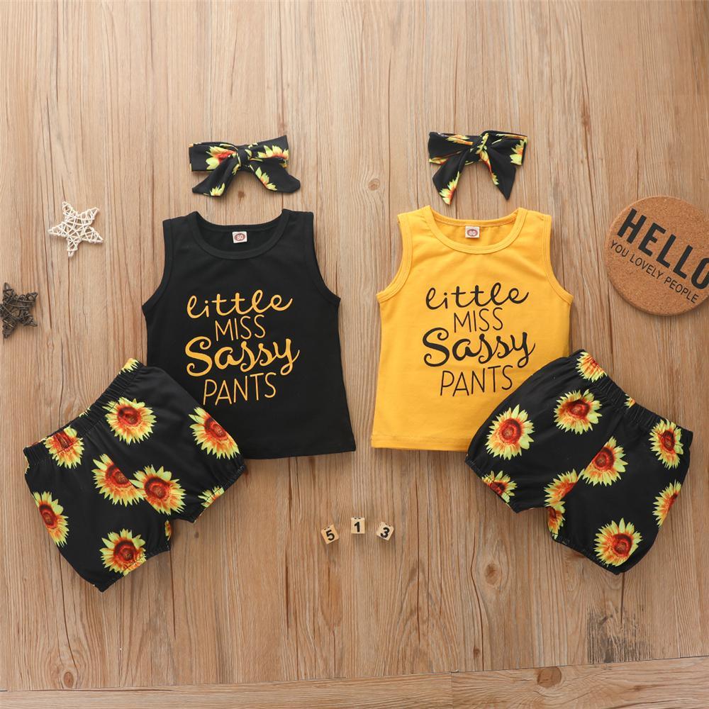 Girls Letter Printed Sleeveless Top & Sunflower Shorts & Headband Cheap Baby clothing - PrettyKid