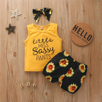 Girls Letter Printed Sleeveless Top & Sunflower Shorts & Headband Cheap Baby clothing - PrettyKid