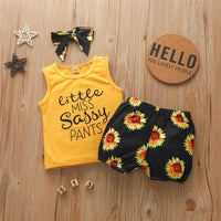 Girls Letter Printed Sleeveless Top & Sunflower Shorts & Headband Cheap Baby clothing - PrettyKid