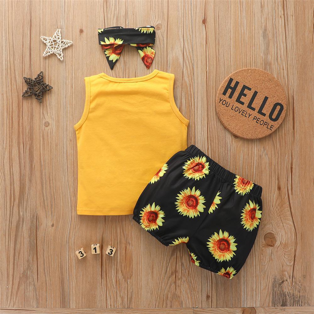 Girls Letter Printed Sleeveless Top & Sunflower Shorts & Headband Cheap Baby clothing - PrettyKid