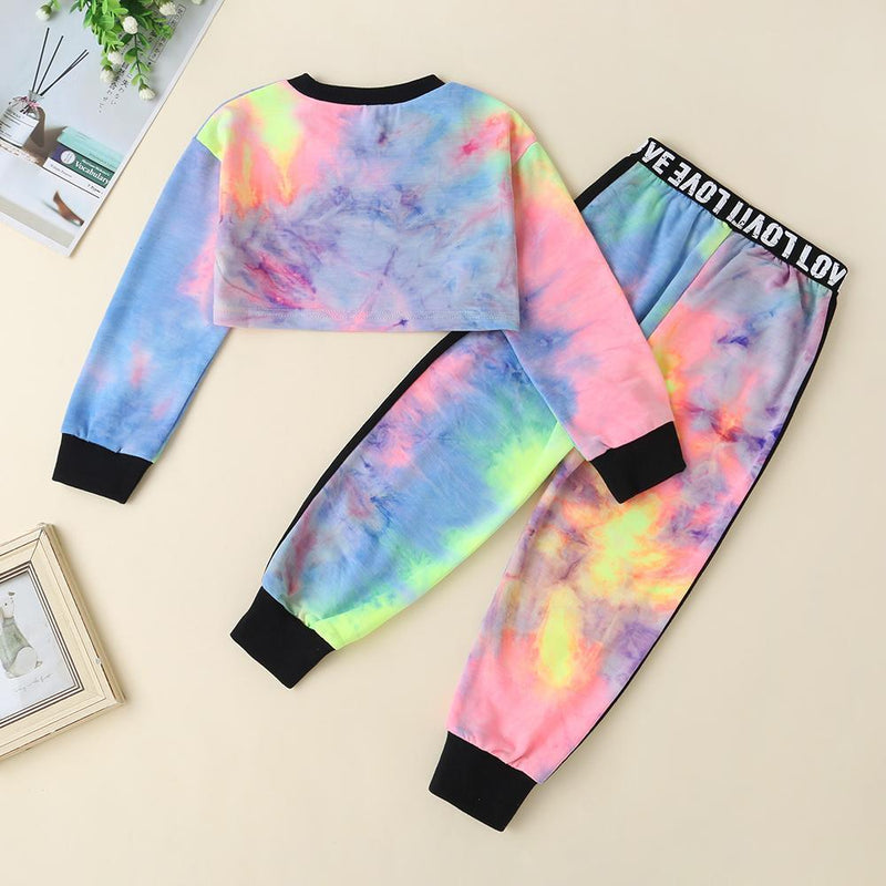 Girls Letter Printed Tie Dye Long Sleeve Tops & Pants Wholesale - PrettyKid