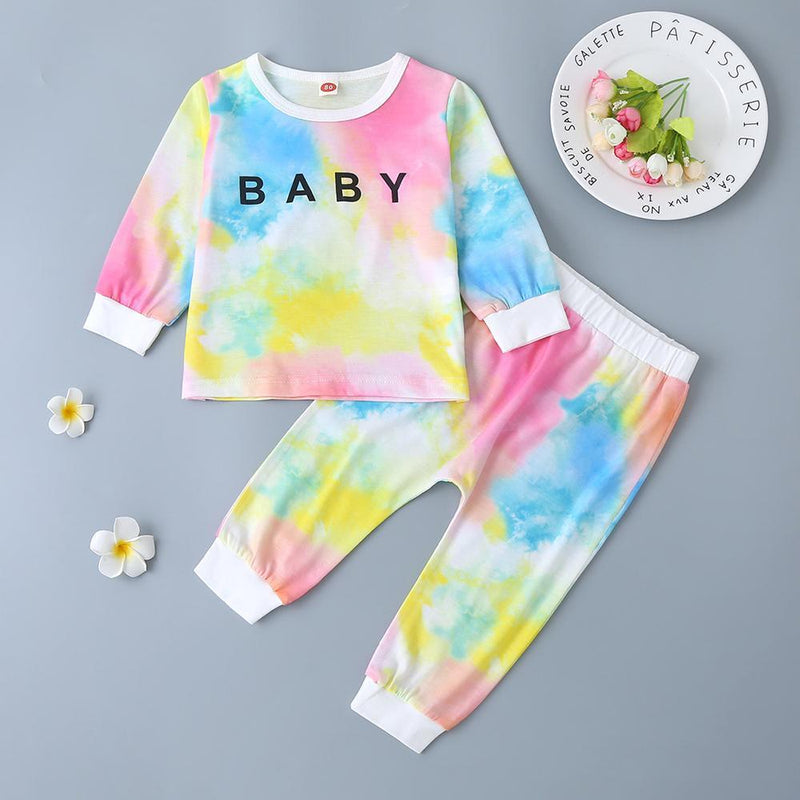 Baby Unisex Letter Printed Tie Dye Long Sleeve Tops & Pants - PrettyKid