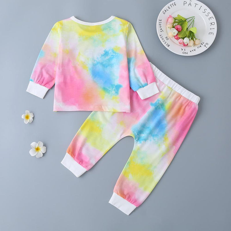 Baby Unisex Letter Printed Tie Dye Long Sleeve Tops & Pants - PrettyKid