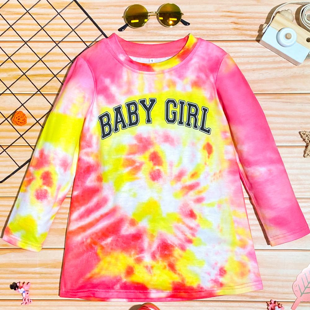 Girls Letter Printed Tie Dye Long T-shirt Wholesale Girls Clothes - PrettyKid