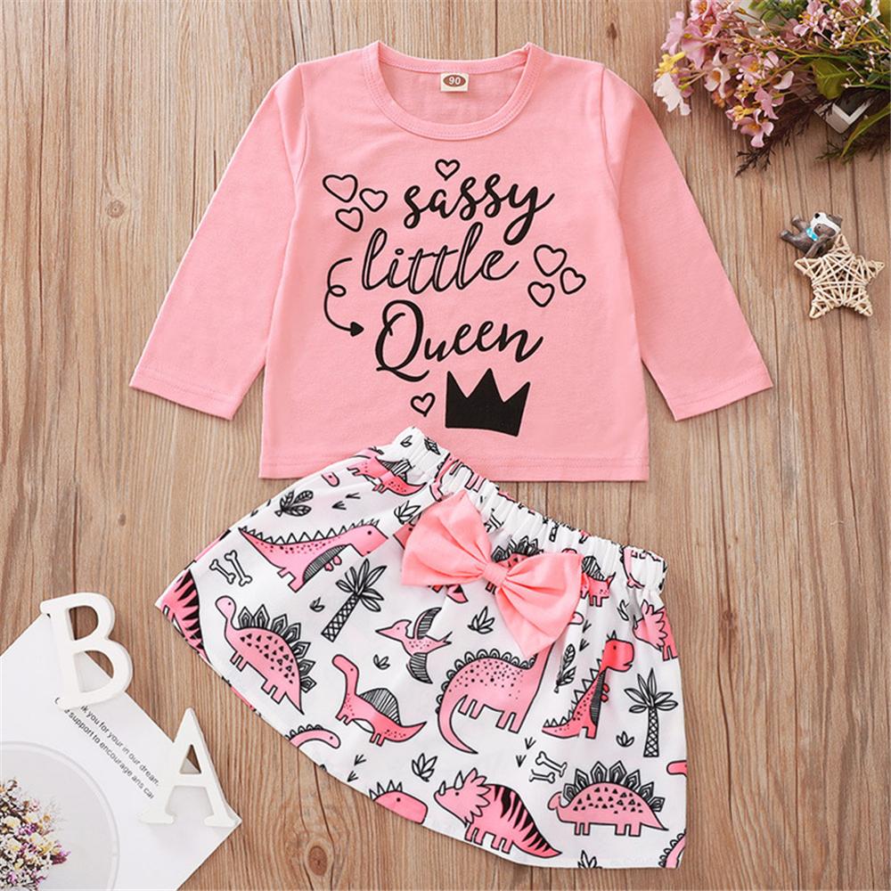 Girls Letter Printed Top & Dinosaur Bow Skirt Girls Clothes Wholesale - PrettyKid