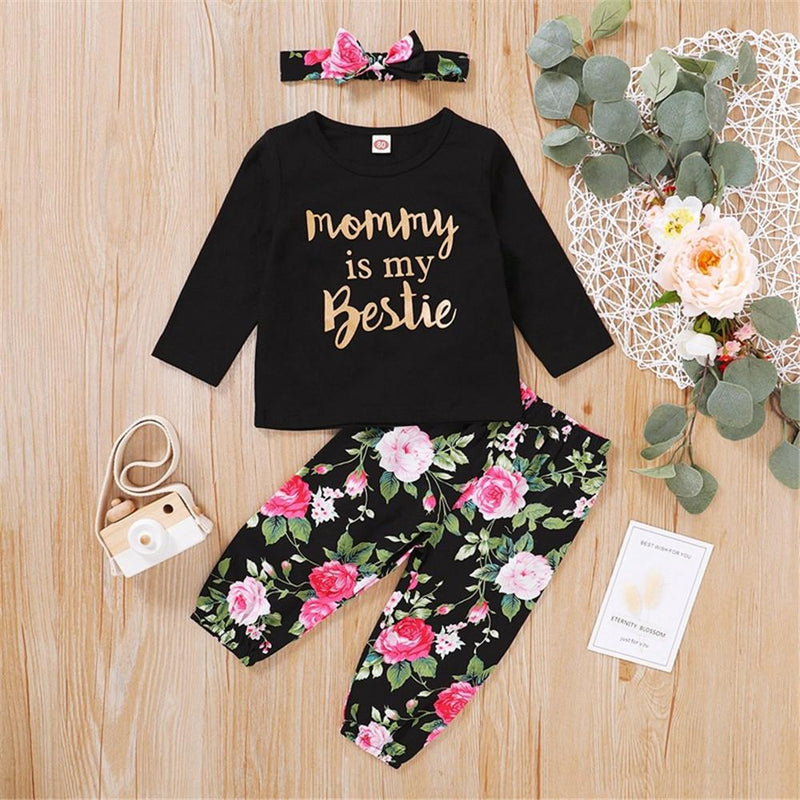 Baby Girls Letter Printed Top & Floral Pants & Headband Baby Wholesale - PrettyKid
