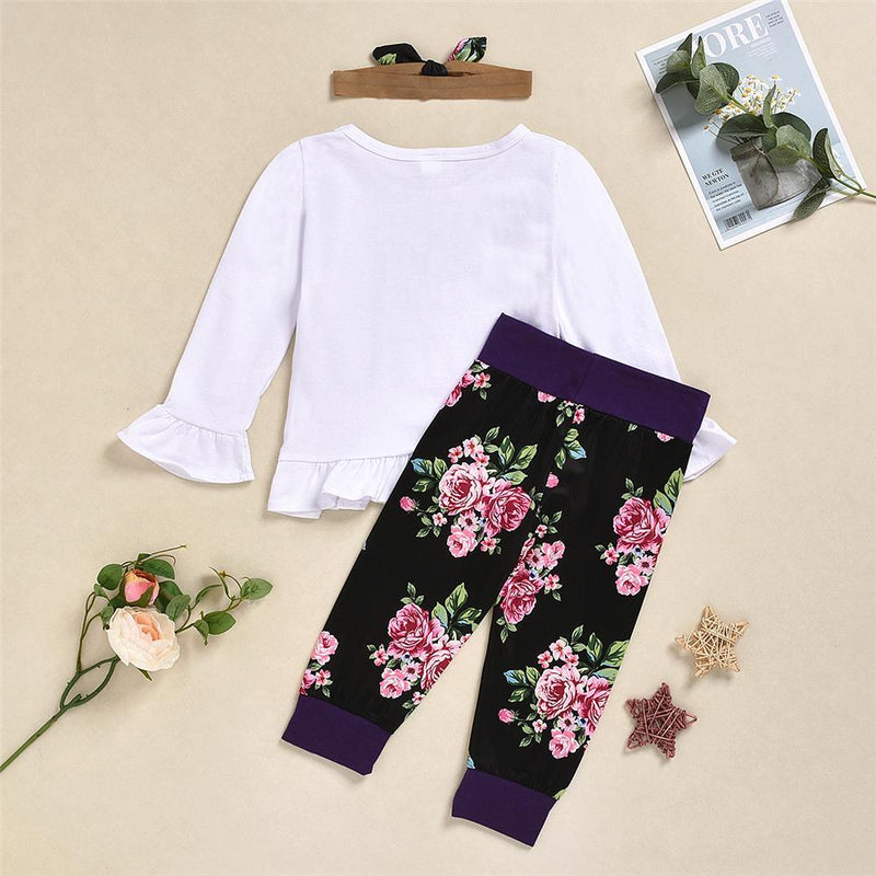 Girls Letter Printed Top & Floral Pants & Headband Wholesale Girls - PrettyKid