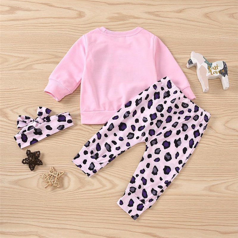 Baby Girls Letter Printed Top & Leopard Pants & Headband Wholesale Girls Clothing - PrettyKid