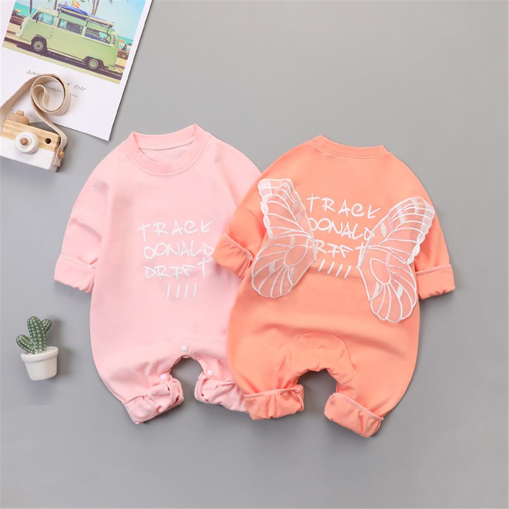 Baby Girls Letter Printed Wing Long Sleeve Rompers - PrettyKid