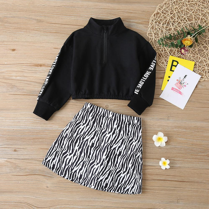 Girls Letter Printed Zipper Turtleneck Tops & Skirt Wholesale Girl Clothing - PrettyKid