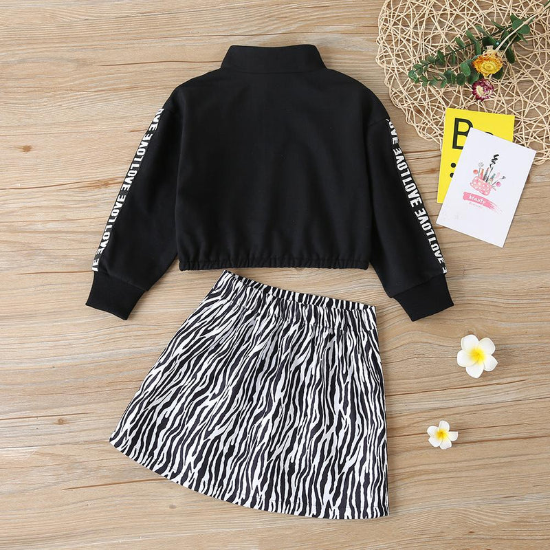 Girls Letter Printed Zipper Turtleneck Tops & Skirt Wholesale Girl Clothing - PrettyKid