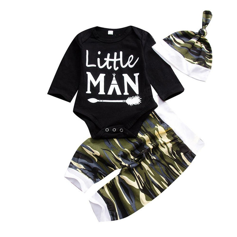 Baby Boys Letter Romper & Camo Pants & Hat Baby Clothing Wholesale - PrettyKid