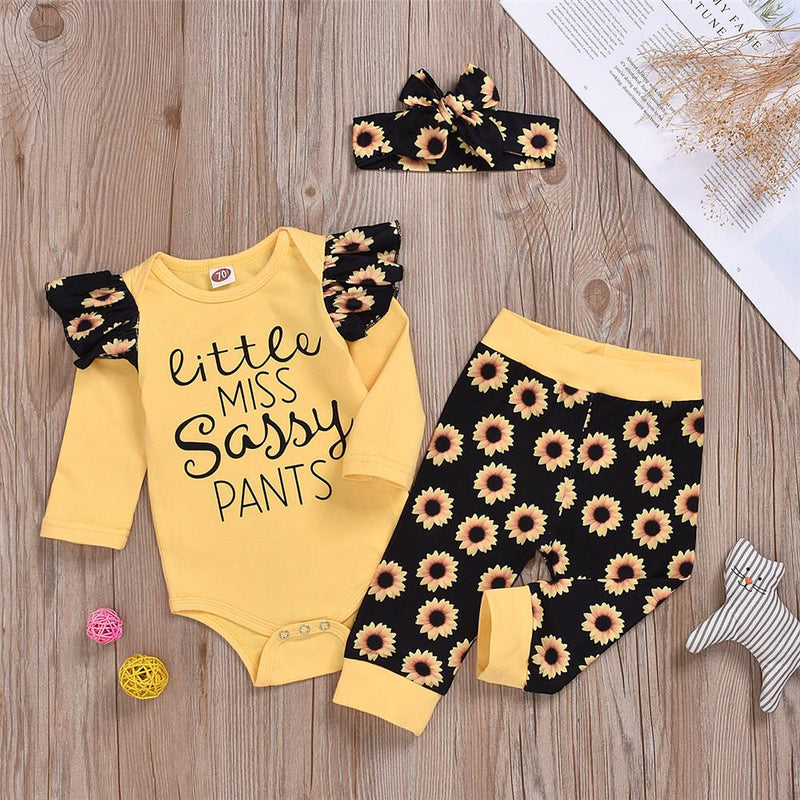 Baby Girls Letter Sunflower Printed Romper & Pants & Headband - PrettyKid