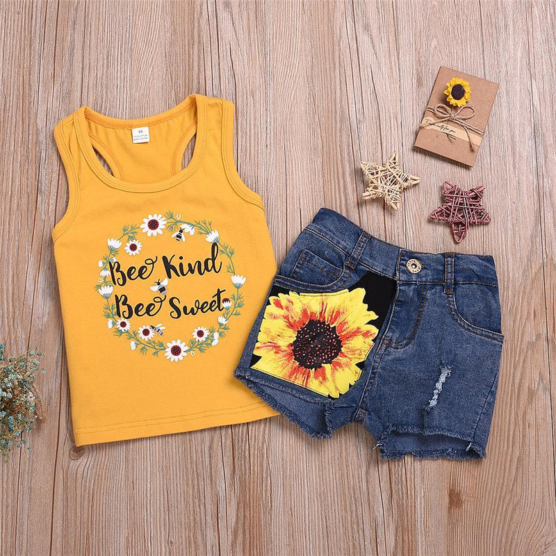 Girls Letter Sunflower Printed Sleeveless Top & Denim Shorts Wholesale Girls Boutique clothes - PrettyKid