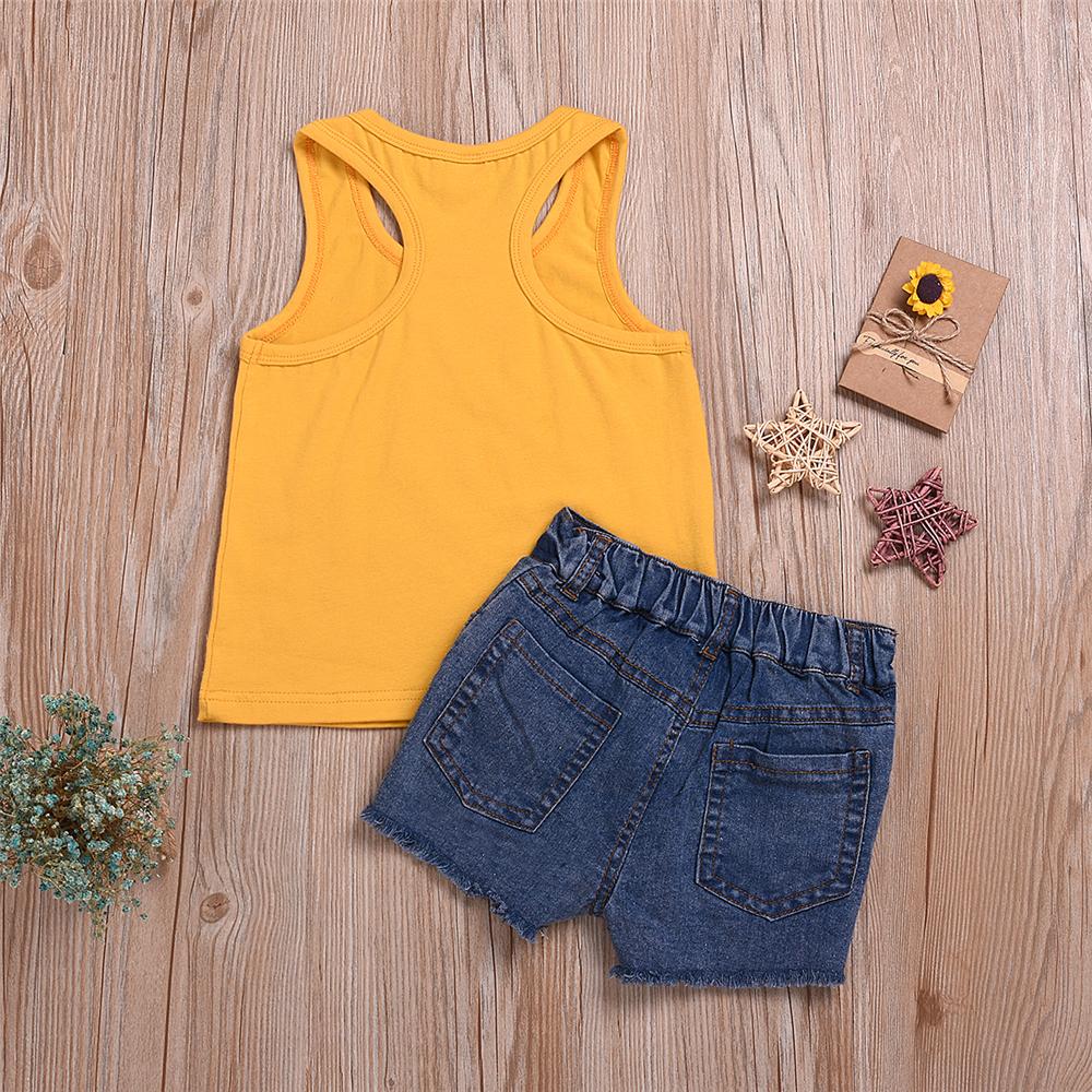 Girls Letter Sunflower Printed Sleeveless Top & Denim Shorts Wholesale Girls Boutique clothes - PrettyKid