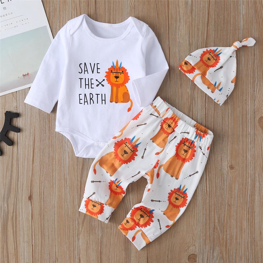 Baby Lion Letter Print Long Sleeve Romper & Pants & Hat - PrettyKid