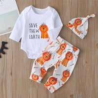 Baby Lion Letter Print Long Sleeve Romper & Pants & Hat - PrettyKid