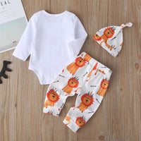 Baby Lion Letter Print Long Sleeve Romper & Pants & Hat - PrettyKid