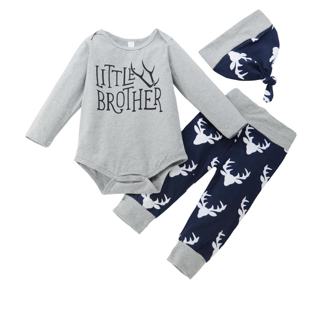Baby Little Brother Romper & Antlers Printed Pants & Hat Baby Wholesale - PrettyKid