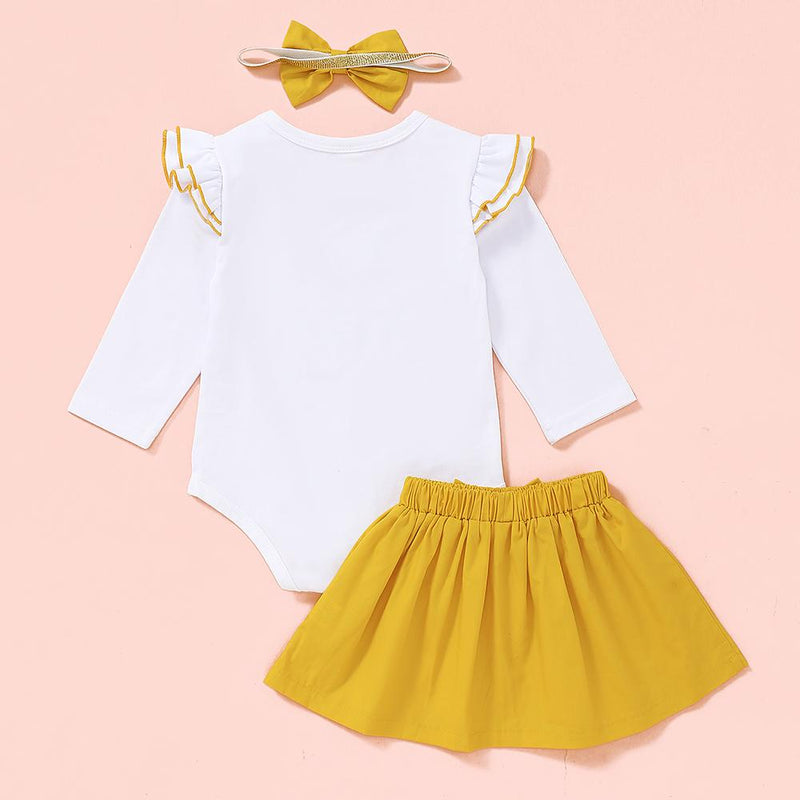 Baby Little Sister Ruffled Long Sleeve Romper & Solid Skirt & Headband Baby Outfits - PrettyKid