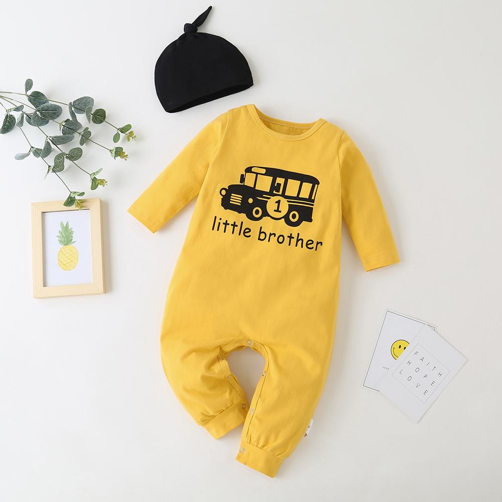 Baby Little Brother Printed Car Long Sleeve Romper & Hat - PrettyKid