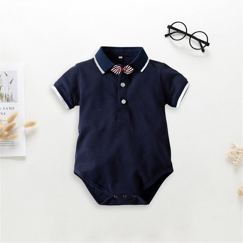 Baby Little Gentleman Tie Short Sleeve Romper & Overalls Wholesale Baby Outfits - PrettyKid
