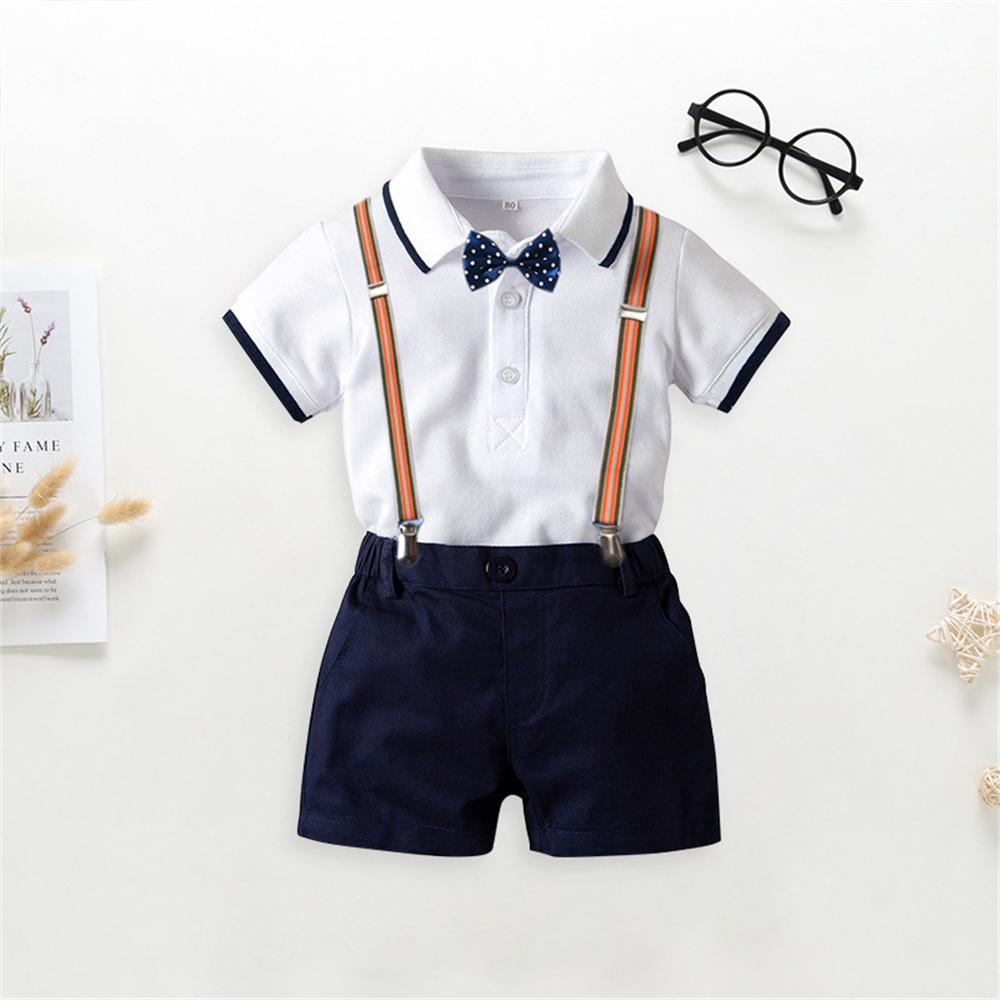 Baby Little Gentleman Tie Short Sleeve Romper & Overalls Wholesale Baby Outfits - PrettyKid