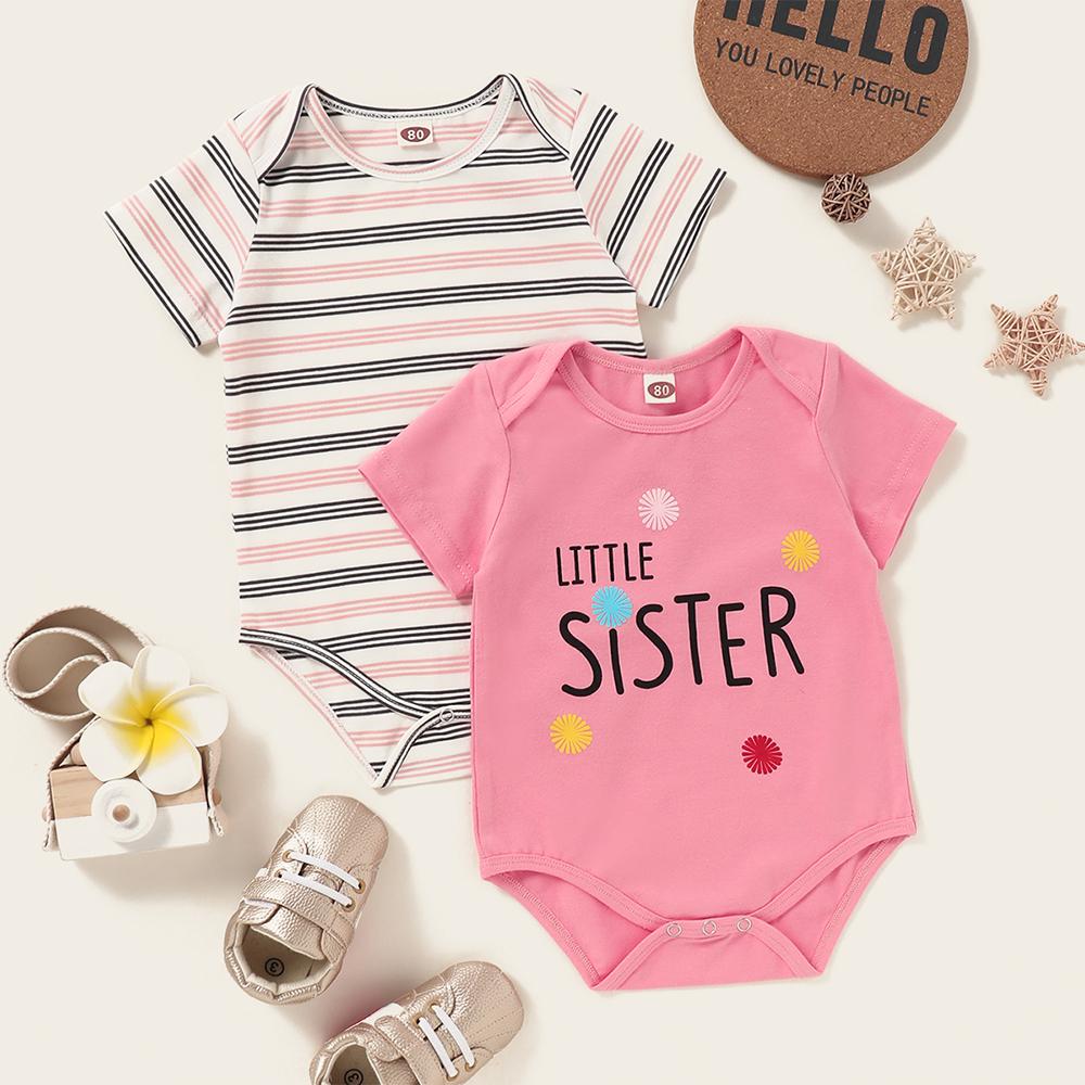 Baby Little Sister 2PCS Cartoon Striped Short Sleeve Rompers Baby Clothing Cheap Wholesale - PrettyKid