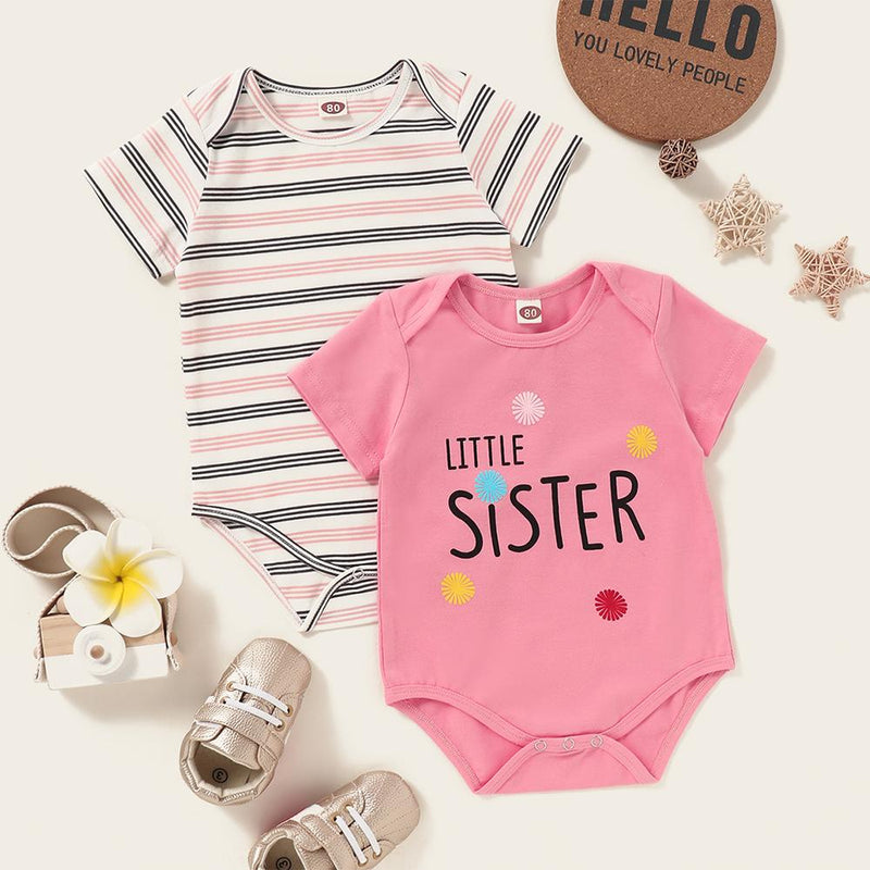 Baby Little Sister 2PCS Cartoon Striped Short Sleeve Rompers Baby Clothing Cheap Wholesale - PrettyKid