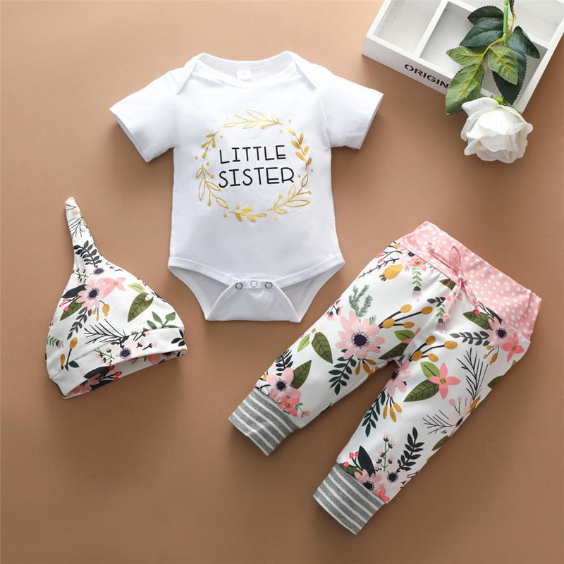 Baby Little Sister Short Sleeve Romper & Floral Pants & Hat Bulk Baby clothing Online - PrettyKid