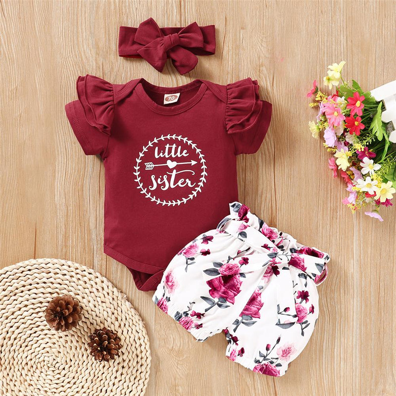 Baby Little Sister Short Sleeve Romper & Floral Short & Headband Baby Ruffle Rompers Wholesale - PrettyKid