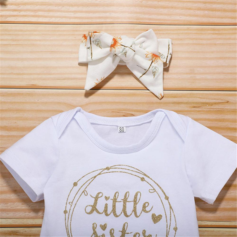 Baby Little Sister Short Sleeve Romper & Floral Trousers & Headband Wholesale Baby Boutique Items - PrettyKid