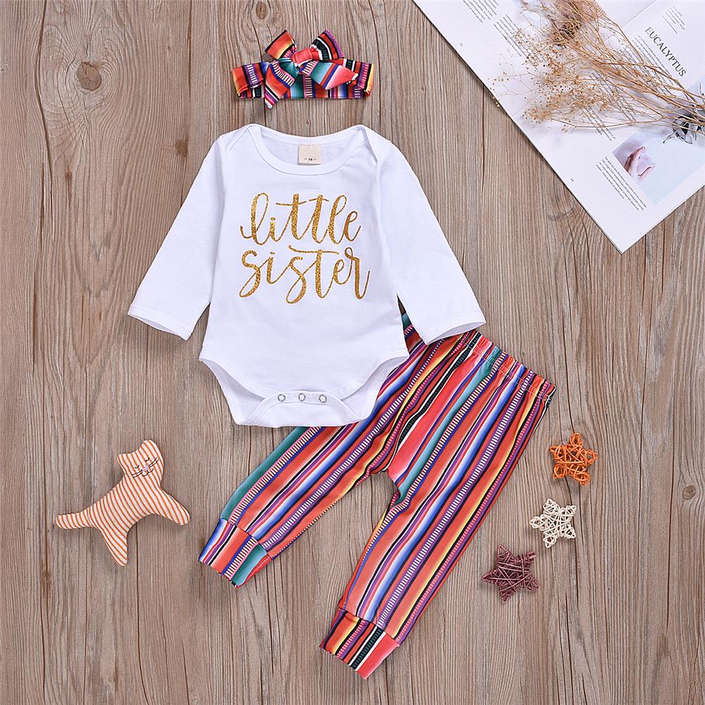 Baby Girls Long-Sleeve Letter Printed Romper & Striped Pants & Headband Baby Outfits - PrettyKid