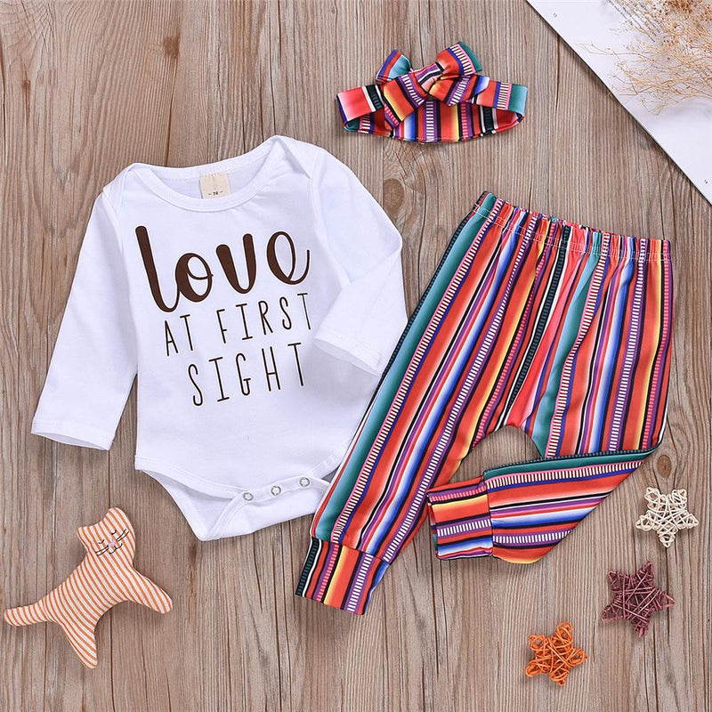 Baby Girls Long-Sleeve Letter Printed Romper & Striped Pants & Headband Baby Outfits - PrettyKid