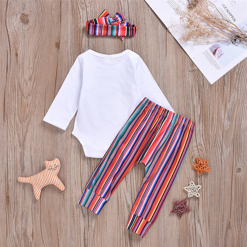 Baby Girls Long-Sleeve Letter Printed Romper & Striped Pants & Headband Baby Outfits - PrettyKid